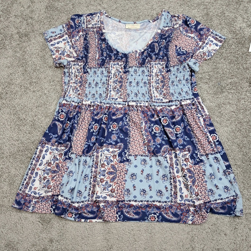 Bobbie Brooks Womens XL Blue Paisley Floral Smocked Peplum Short Sleeve Top‎
